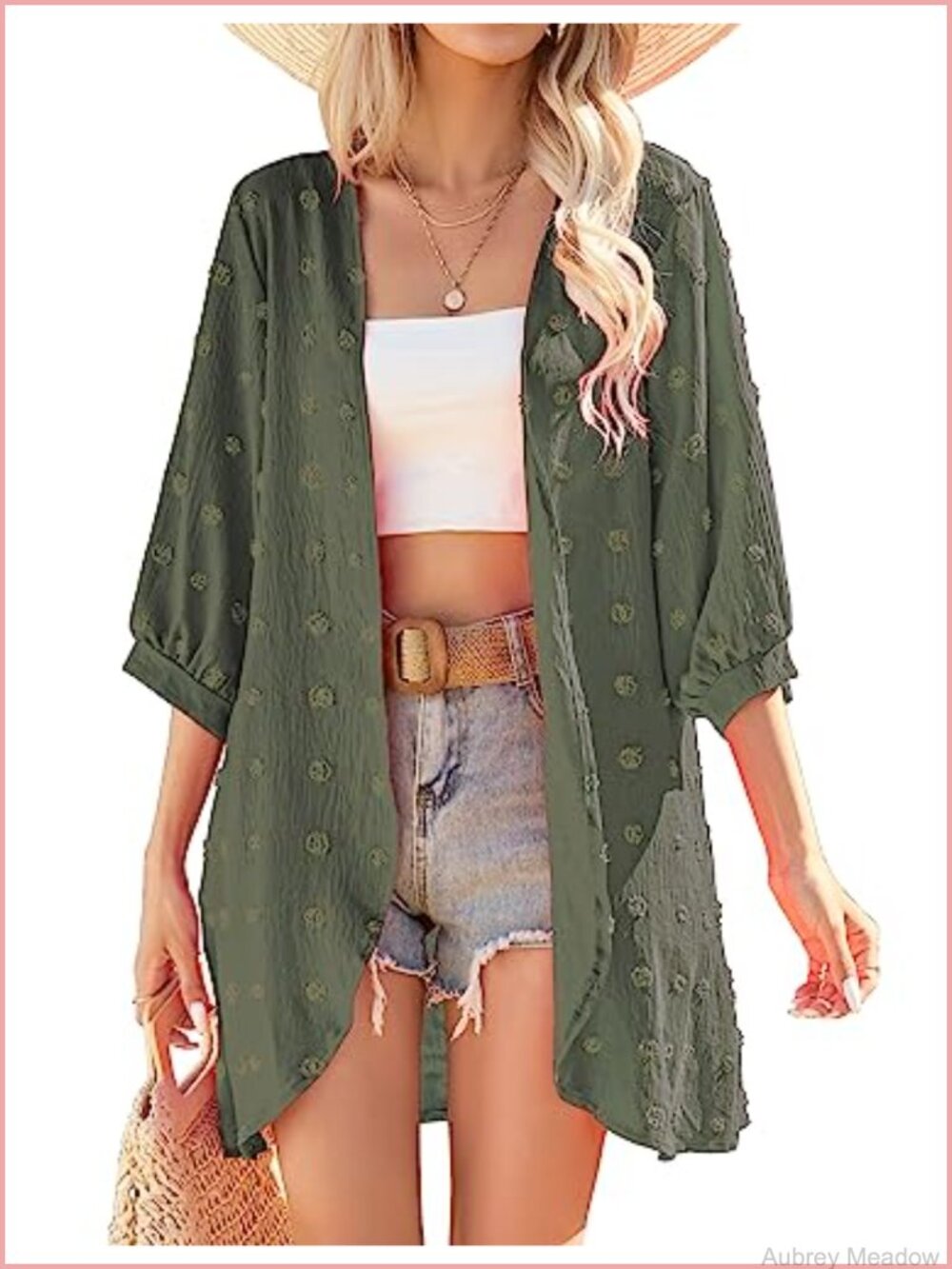 Swiss Dots Kimono Cardigan Lightweight 3/4 Sleeve Loose Beach Cover Up